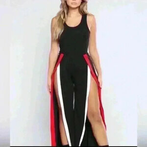 Fashion Nova Jumpsuit Open Leg High Slit Black Feminine Size XS